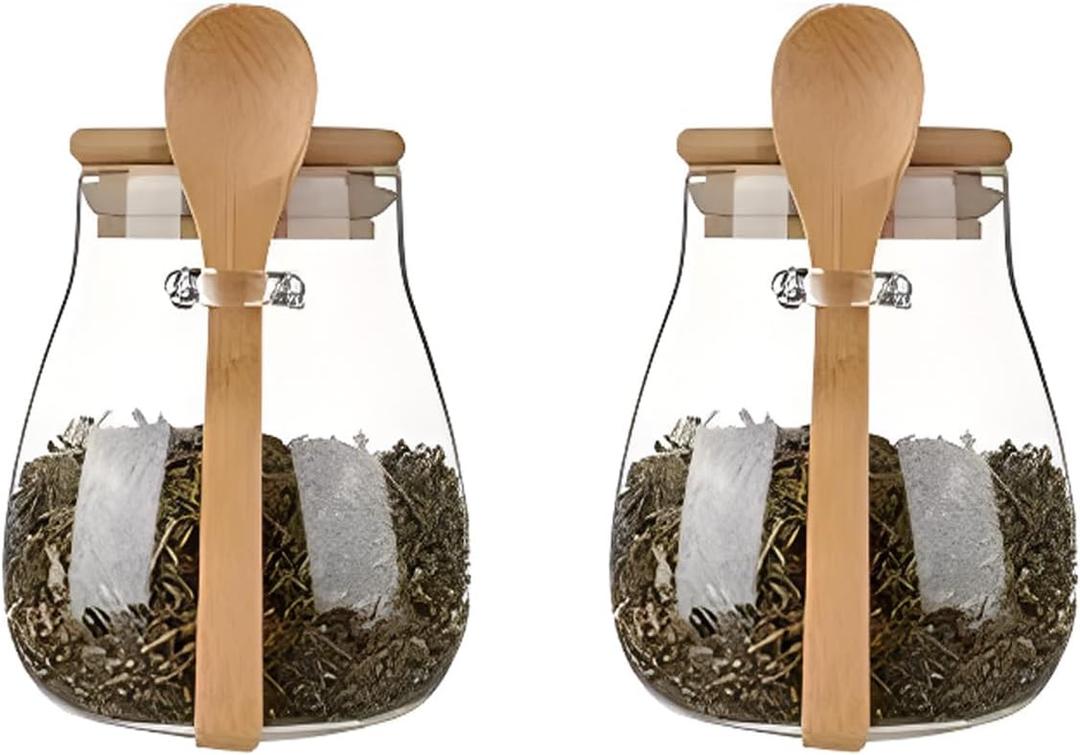 Airtight glass jar storage container with bamboo lid Set of 2, wide mouth, leak-proof, With a spoon, can be used for coffee beans, tea leaves, grains, dried fruits, etc (Small)