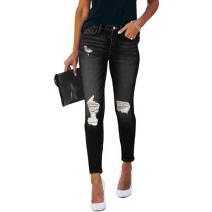 Women's Mid Waisted Jeans Trendy Distressed Stretch Ripped Butt Lift Denim Pants (Pack of 2) (X-Large, 76-Black&Blue)