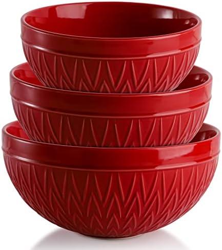 AVLA Porcelain Mixing Bowls for Kitchen, 3/1.8/1.2 Qt Ceramic Large Serving Salad Soup Bowl Set, Deep Nesting Bowl for Space Saving, 3-Piece Set, Microwave and Dishwasher Safe, Red