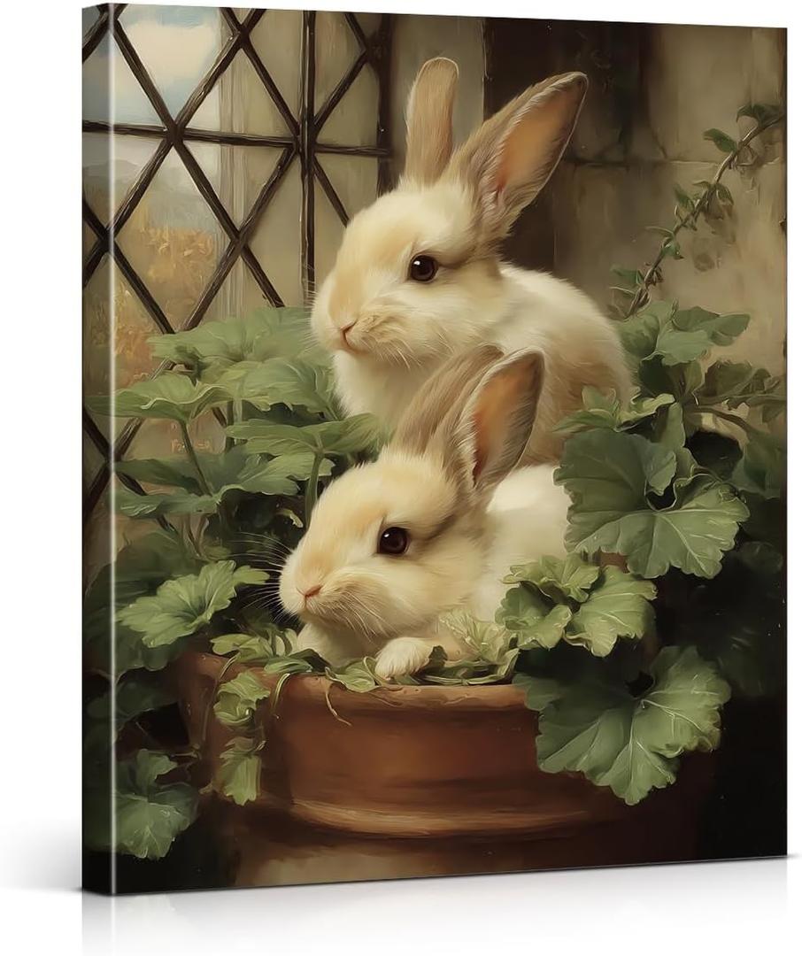 Botanical Bunny Easter Wall Art Print Cottagecore Rabbits Canvas Painting Picture Spring Easter Wall Decor for Home Farmhouse 8x10 Inch Framed