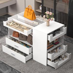 Closet Island with Drawers, 9 Drawers & 2 Shelves  White Jewelry Storage Vanity Island with Glass Top for Closet & Walk-in Wardrobe  47.2" W x 23.6" D x 31.5" H