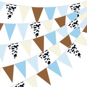 Pasimy 5 Pcs 49.2Ft Western Cowboy Party Decorations Cowboy First Rodeo Birthday Party Triangle Flag Banner Wild West Rodeo Decor Bunting Banner for Baby Shower Birthday Decorations (Blue Brown White)