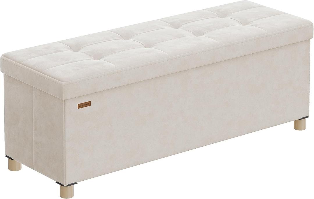 SONGMICS Storage Ottoman Bench, Folding Storage Chest, 15 x 43.3 x 15.7 Inches, Foot Rest Stool, 30 Gal. (112 L), Velvet Surface, for Bedroom, Entryway, Living Room, Cappuccino Beige ULSF0518W02 (Cream White)
