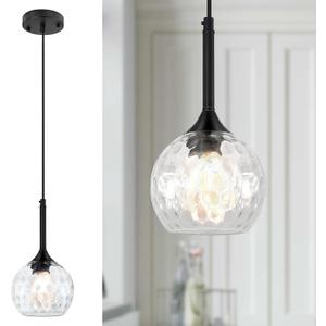 JHLBYL Glass Pendant Light fixtures, 6'' Kitchen Pendant Lights Black Pendant Light with Hammered Glass Pendant Lights Kitchen Island Over Sink Dining Room Foyer
