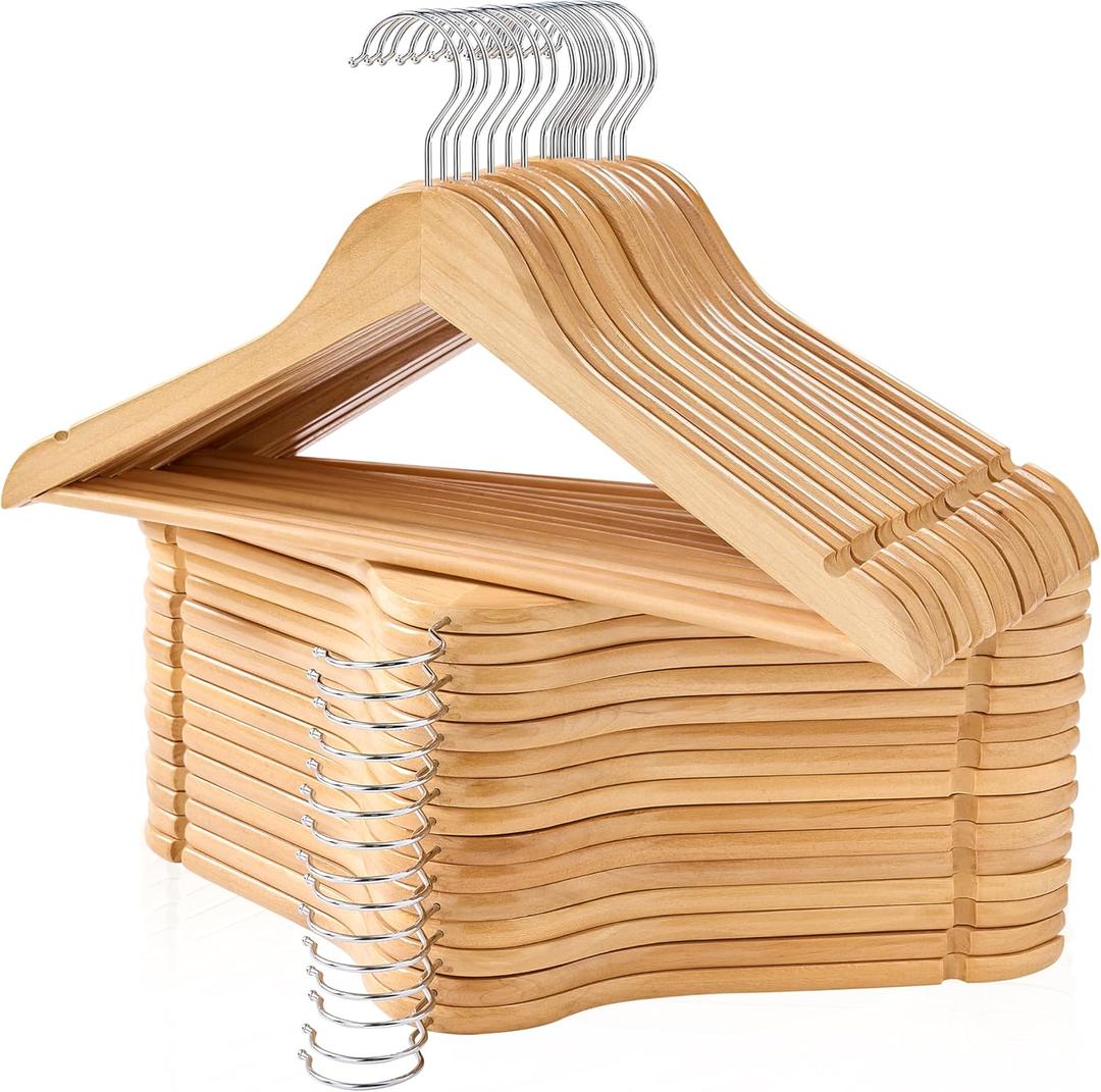 Wooden Hangers 30 Pack, Smooth Wood Hangers with 360 Swivel Hook & Notches, Natural Solid Coat Hangers Wooden for Closet