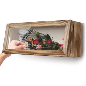 Shadow Box 5" x 12.5", Solid Wood Box Frame with Linen Background and 10 Solid Wood Pins, 2 Hanging Designs, Memory Display Case for Wedding Bouquet Memorabilia Medals Photos Keepsakes