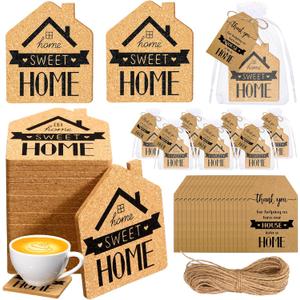 Hushee 50 Sets Housewarming Party Favors Sweet Home Coaster House Shaped Coaster with Thank You Gift Cards House Warming Return Gifts with Organza Bags Twine New Home Gift for Guests Party Decorations (Rustic Color)