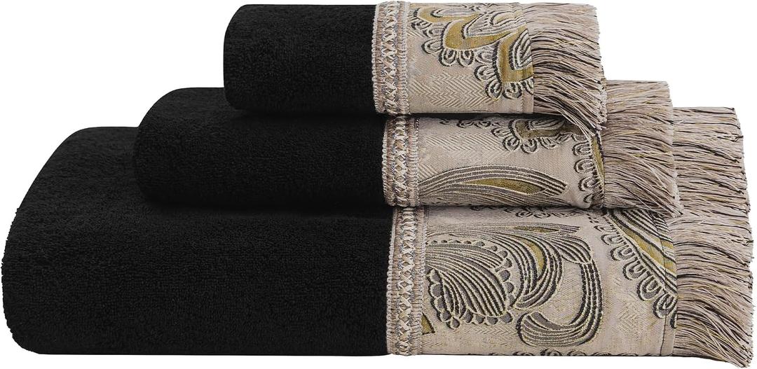 Loom and Mill Luxury Cotton Bath Towel Set 3 Piece-1 Bath Towel 1 Hand Towel 1 Wash Cloth, Ultra Soft Decorative Towel Sets Highly Absorbent for Bathroom, Royal Damask Design(Black-Taupe Gold)