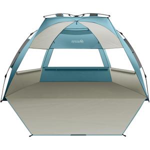 OutdoorMaster Beach Tent for 3-4 Person - Easy Setup and Portable Beach Shade Sun Shelter Canopy with UPF 50+ UV Protection Removable Skylight Family Size (X-Large, Cancun Seashore)