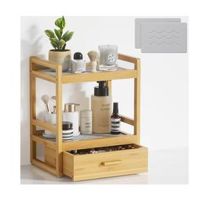 Bamboo Bathroom Organizer Countertop, Large 2 Tier Vanity Perfume Organizer with Drawer for Skincare Makeup, Counter Storage with Stone Drying Mat for Coffee bar Macha Station Kitchen