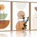 SIKERIC Framed Boho Wall Art Set of 3, (24x36 Inch) Neutral Boho Canvas Wall Art Prints, Mid Century Modern Wall Art Decor, Geometric Bohemian Art Painting for Living Room, Bedroom, Office