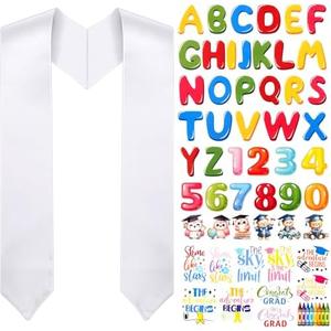Spakon Unisex Adult Plain Graduation Stole with a to Z Letter 0 to 9 Number Graduation Pattern Badge Decorate Repair Patches(White Colorful)