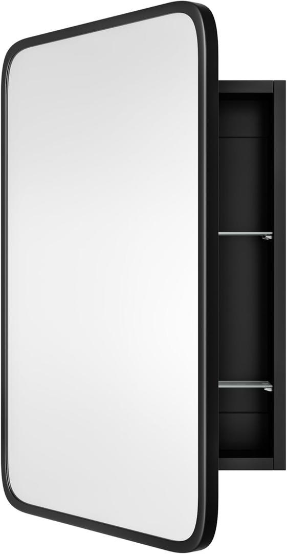 Vintage-Style Bathroom Wood Black Cabinet with 16.5''x24'' Black Metal Frame Curved Mirror, Recessed Medicine Cabinet, in Wall or Surface Mount Bathroom Storage Cabinet