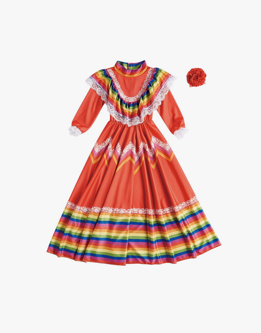STIOEDYUAN Kids Mexico Costume for Girl Senorita Blouse Dance Dress Cinco De Mayo Folklorico Flower Headwear Halloween. 57in
