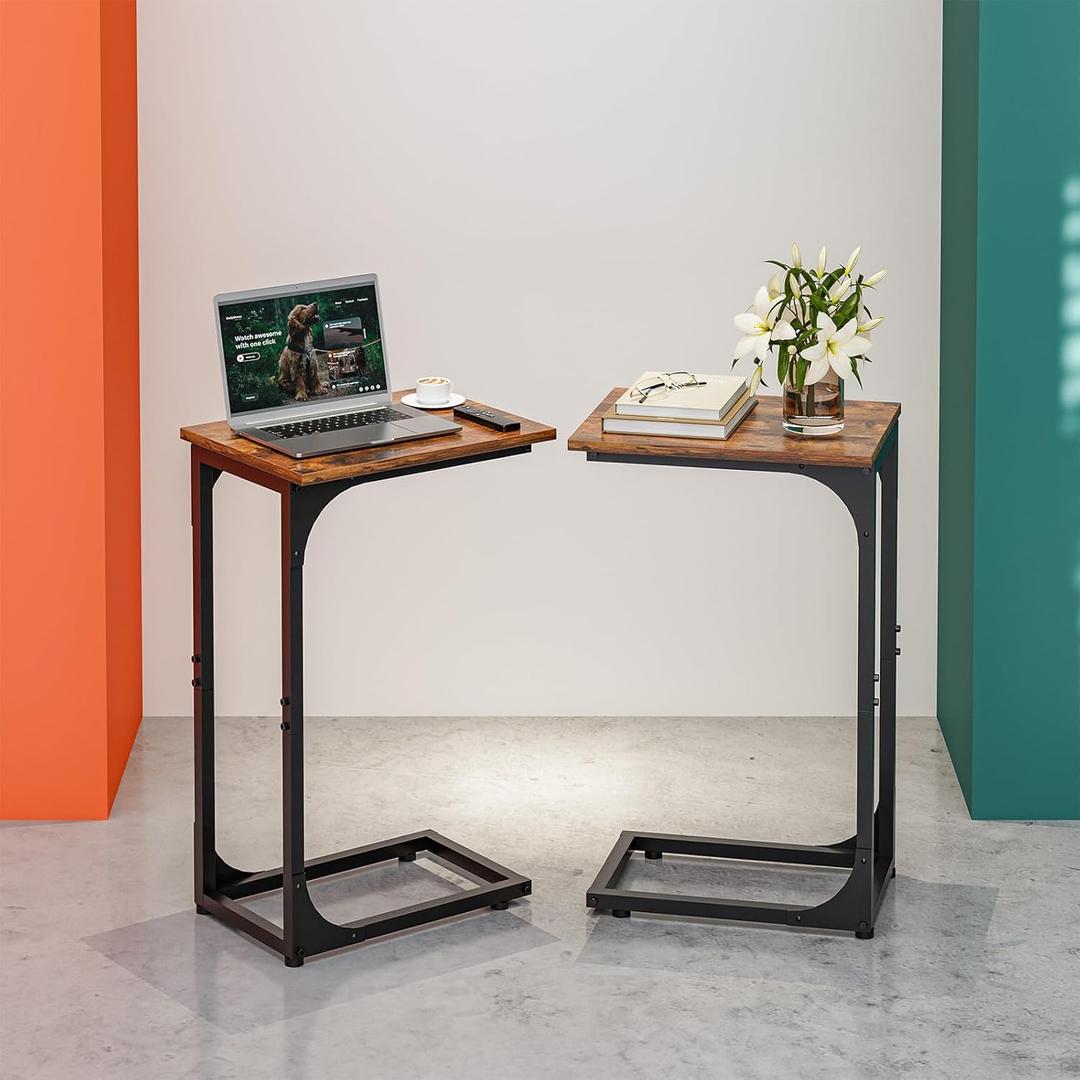 C-Shaped Side Table for Couch - Small Coffee Stand Sofa Tray Desk with Metal Frame and Waterproof Scratch Resistant, Modern End Accent for Living Room, Bedroom, Set of 2, Rustic Walnut