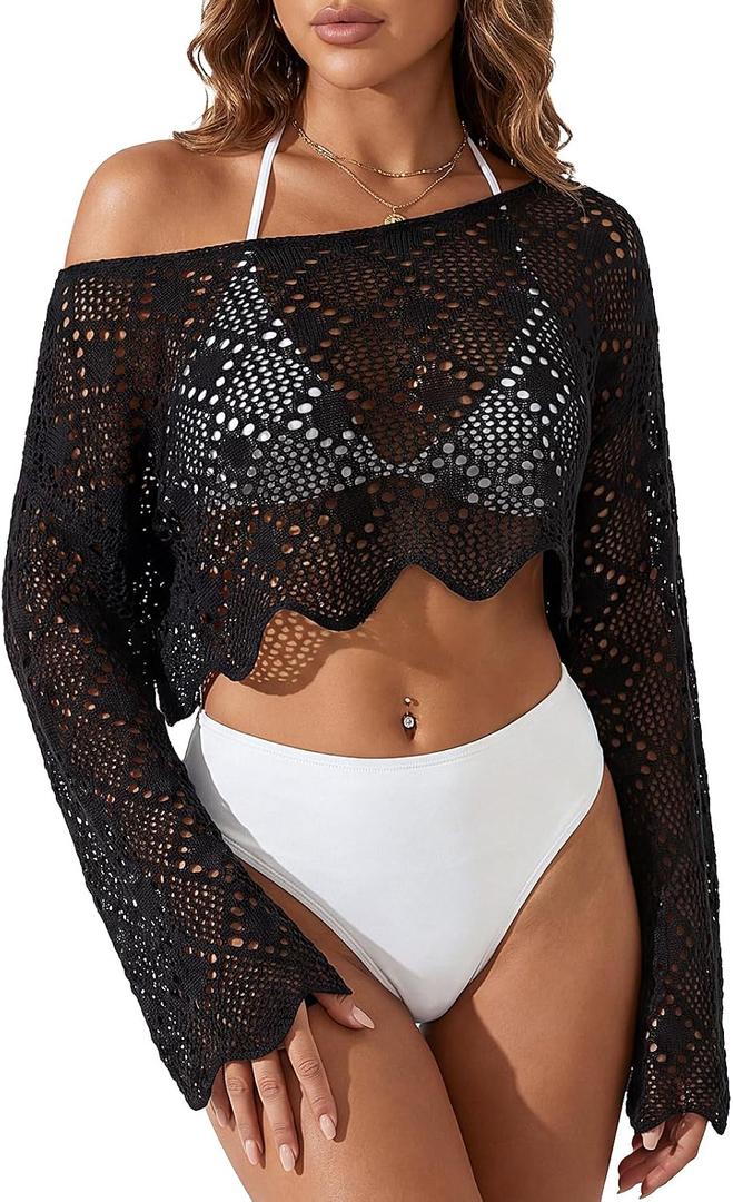 Women's Crochet Swimsuit Cover up Summer Off Shoulder Long Sleeve Hollow Beach Tunic, Bikini Swimwear Cropped Tops (Black) ( One Size )