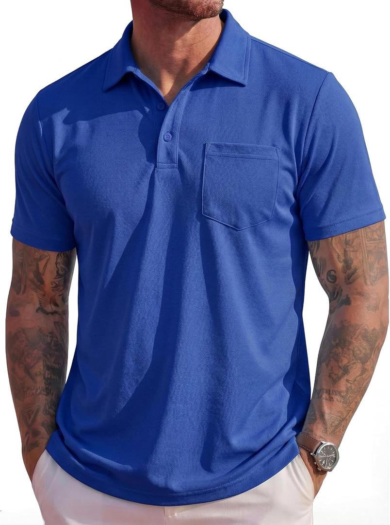 MAGCOMSEN Mens Polo Shirts Short Sleeve Cotton Pique Golf Shirts with Pocket Casual Performance Moisture Wicking Polos (XXL)