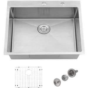 23" x 18" Drop In Kitchen Sink - Jshozzy Stainless Steel Kitchen Sink Single Bowl 16 Gauge Drop In Sinks Deep Basin with Drain Strainer, 23"x18"x10"
