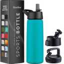 FineDine Water Bottle - Stainless Steel Insulated Water Bottle with Straw Lid, Flip Lid & Wide-Mouth Cap - Keeps Hot and Cold - 25 Oz / 739ml - Cheery Turquoise