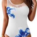 Pink Queen Women One Piece Swimsuit Modest Mesh Sheer Tummy Control Swimwear Bathing Suit (M)