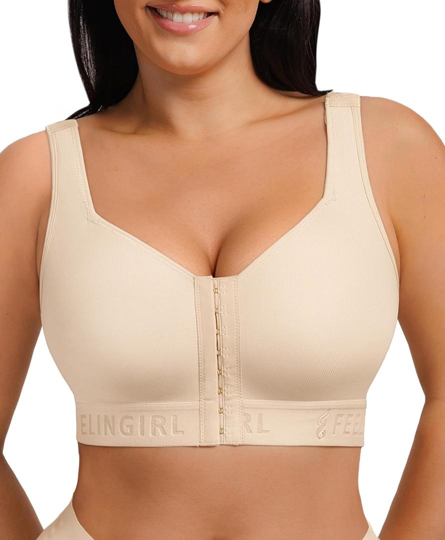 FeelinGirl Post Surgery Bra Front Closure Compression Mastectomy Bra for Women with Wide Adjustable Straps Wirefree Support (Medium, Beige)