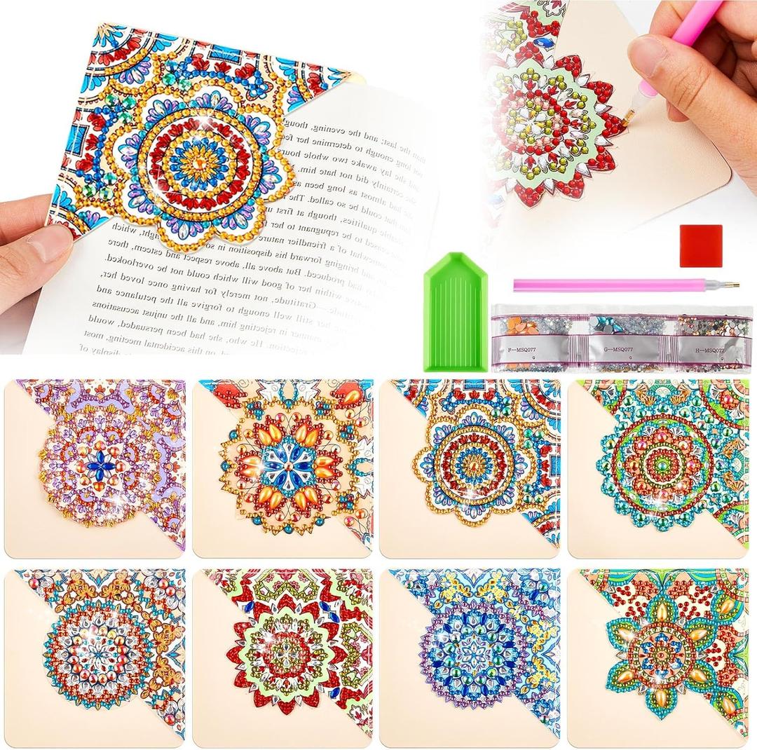 Qilery 8 Pcs Mandala Diamond Art Painting Bookmarks Kits DIY Diamond Paint Corner Book Makers Set Diamond Painting Accessories Book Marker for Office School Home Book Lovers Adults Kids Gift