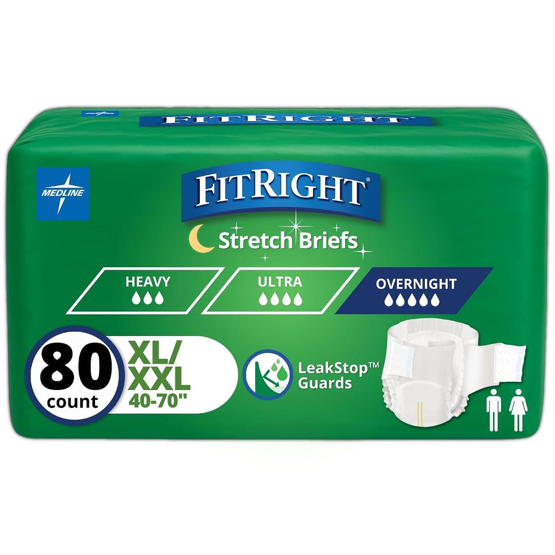 FitRight Extended Wear Stretch Brief, Overnight Absorbency, Size 2, 40 to 70" Waist, 20 Count (Pack of 4) (XL)