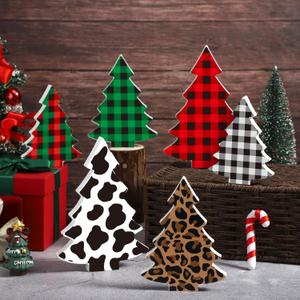 BBTO 6 Pieces Buffalo Plaid Tiered Tray Decor Wood Table Christmas Tree Rustic Wooden Pine Decor Christmas Tree Sign Xmas Table Centerpieces Sanding Wood Sign for Home Fireplace