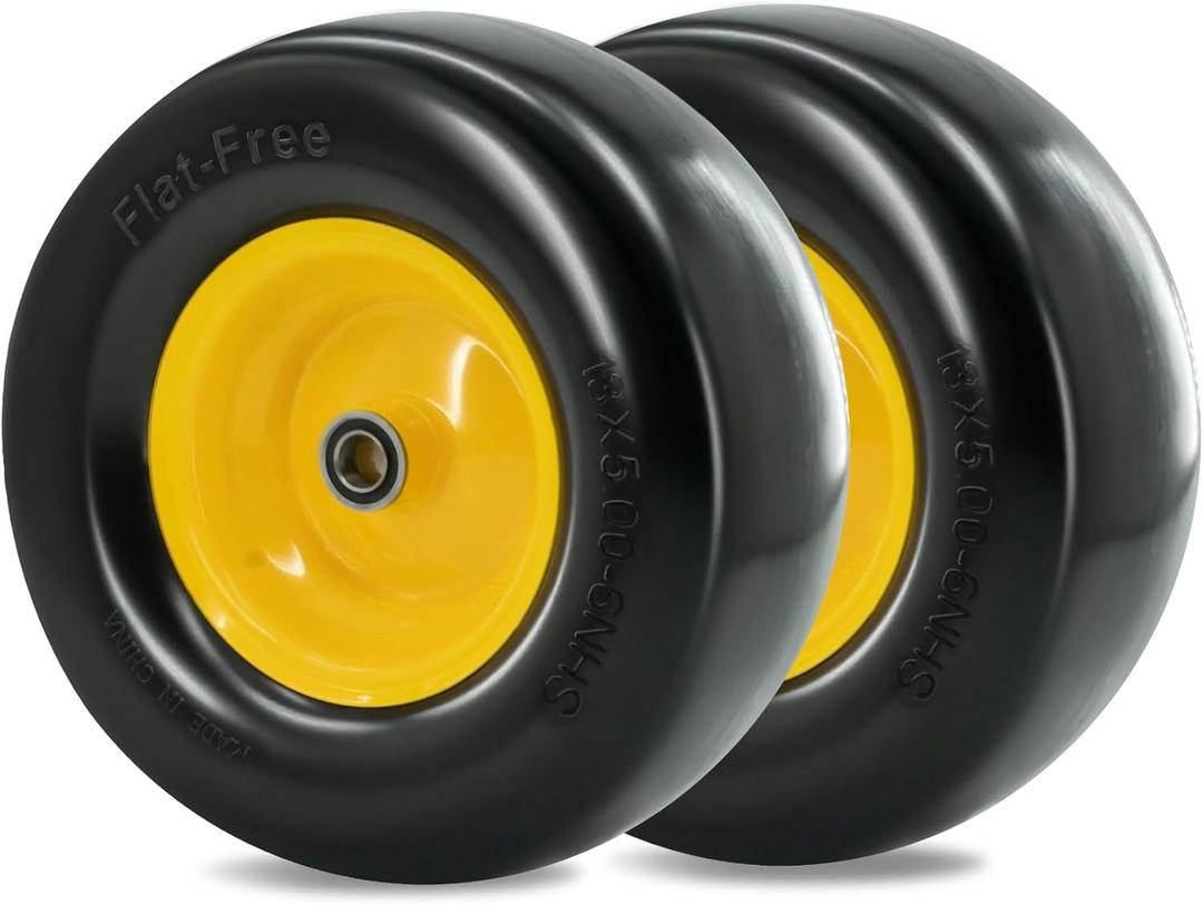 13 x 5.00-6 Tire and Wheel, Flat Free Lawn Mower tires with 3/4" & 5/8" Bearings, 3.25"-6.25" Adjustable Hub, 13x5x6 Zero Turn Tires for Garden Tractors, Zero Turn mowers, Yellow (2 Pcs)