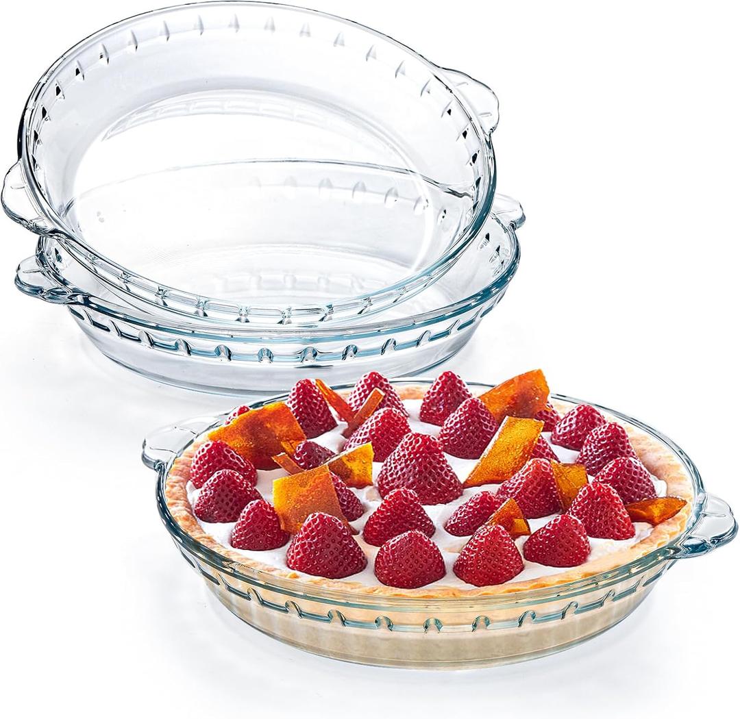 Kingrol 3 Pack Glass Pie Plates with Handles, 9 Inches Baking Dishes, Clear Glass Serving Plates for Snacks, Salads, Desserts