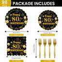 96Pcs 80th Birthday Party Tableware Set,Back in 1965 Birthday Party Decorations Supplies, Disposable Black and Gold 80th Birthdays Paper Plates Napkins Forks Favors for Men Women, Serve 24