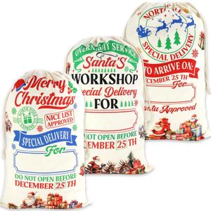 Fancy Land 3 Pack Large Christmas Canvas Gift Bags with Drawstring Jumbo from Santa Sacks Giant North Pole Express Bag for Holiday Presents Party Decor Supplies