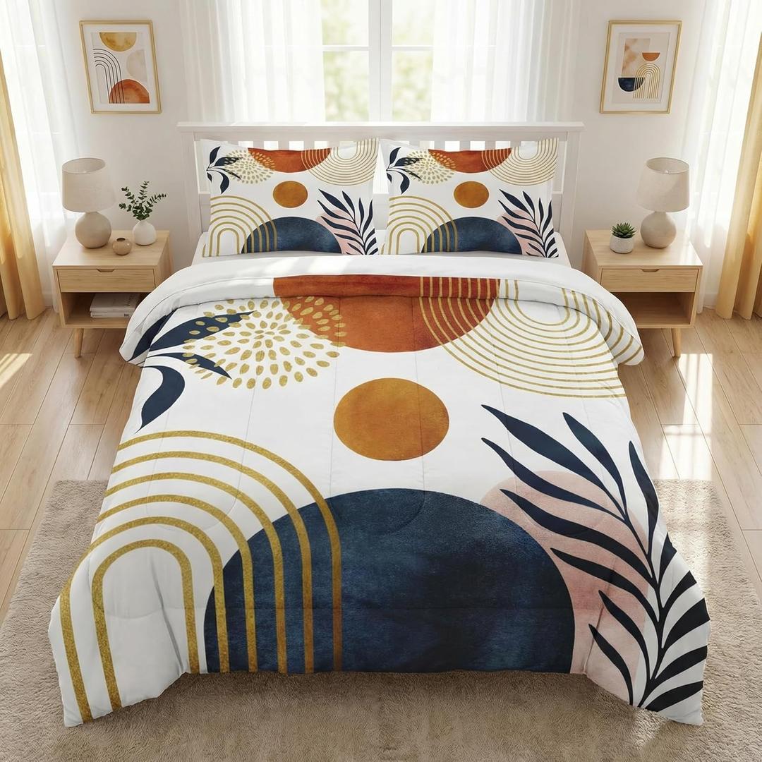 Queen Size Comforter Set with 2 Pillowcases, Mid Century 3 Pcs Bedding for Adults, Sun Boho Geometric Leaf Soft Comforter Set for Bedroom Bed Decor (Multi 9)