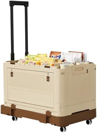 VOWNER Large Foldable Utility Cart, Portable Rolling Crate with 132 lbs Capacity, Handcart Shopping Trolley with Lid and 4 Rotate Wheels, for Grocery, Shopping, Office, Camp, Brown
