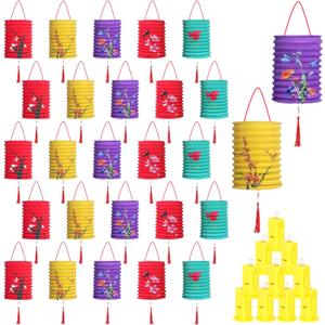 30 PCS Chinese Paper Lanterns with Lights - Flower Bird Design - DIY Accordion Lanterns - Middle Autumn Festival, Chinese New Year Decoration - Red, Yellow, Blue, Pink