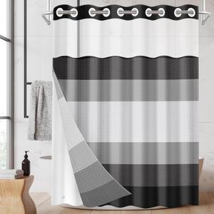 No Hook Shower Curtain with Snap in Fabric Liner Set, Waffle Weave Striped Grey Black Modern Heavy Duty Bathroom Curtain Set Sheer Mesh Top Waterproof Double Layers Hotel Style, 71x74 Inch