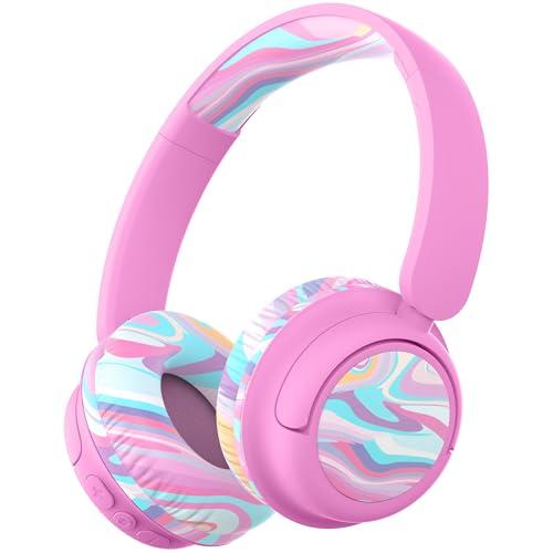 iClever BTH22 Kids Bluetooth Headphones, 60H Play Time, 74/85 dBA Safe Volume, Bluetooth 5.4, USB C, Over Ear Kids Headphones Wireless with Mic AUX Cord for iPad/Tablet/Travel/School, Pink-Stripe