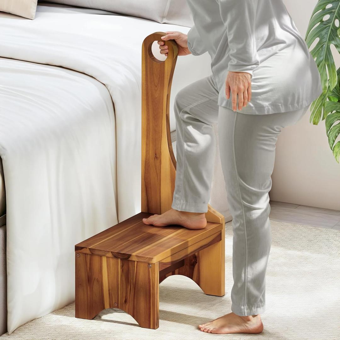Premium Step Stool with Handle for Adults, Elderly & Seniors, Wooden 9 One Step Stool for High Bed, Heavy Duty Bedside Step Platform, Holds Up to 400 lbs, Nonslip Platform for Kitchen/Bathroom (Warm Acacia)