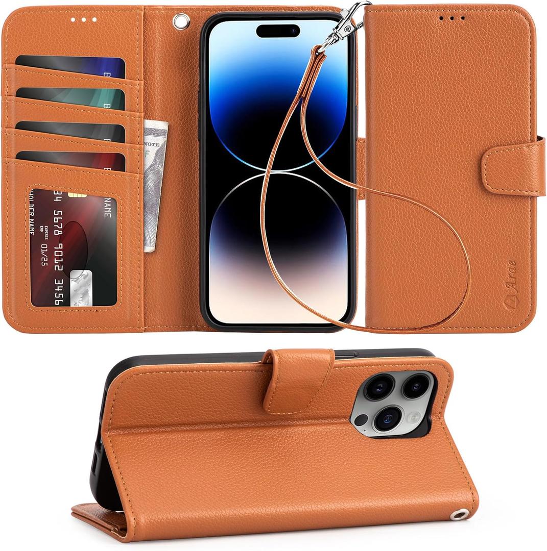 Arae Compatible with iPhone 14 Pro Max Wallet Case with Card Holder and Wrist Strap Wallet Flip Cover for iPhone 14 Pro Max 6.7inch, RFID Blocking, Kickstand,Litchi Brown