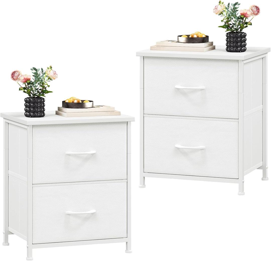 Somdot Nightstand Set of 2, Small Dresser for Bedroom with 2 Drawers, Bedside Table Night Stand End Table with Fabric Bins for Bedroom Kids Closet Dorm Guest Room, White Leather
