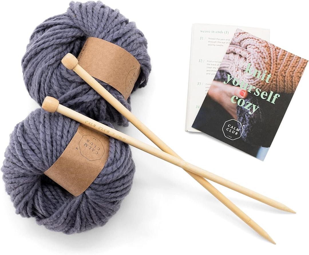 Blanket Knitting Kit - Chunky Comfort Blanket Knit Kit - Includes 7 Balls of Chunky Yarn, Bamboo Knitting Needle and Knit Guide - Mindfulness and Relaxation Gift Set for Women