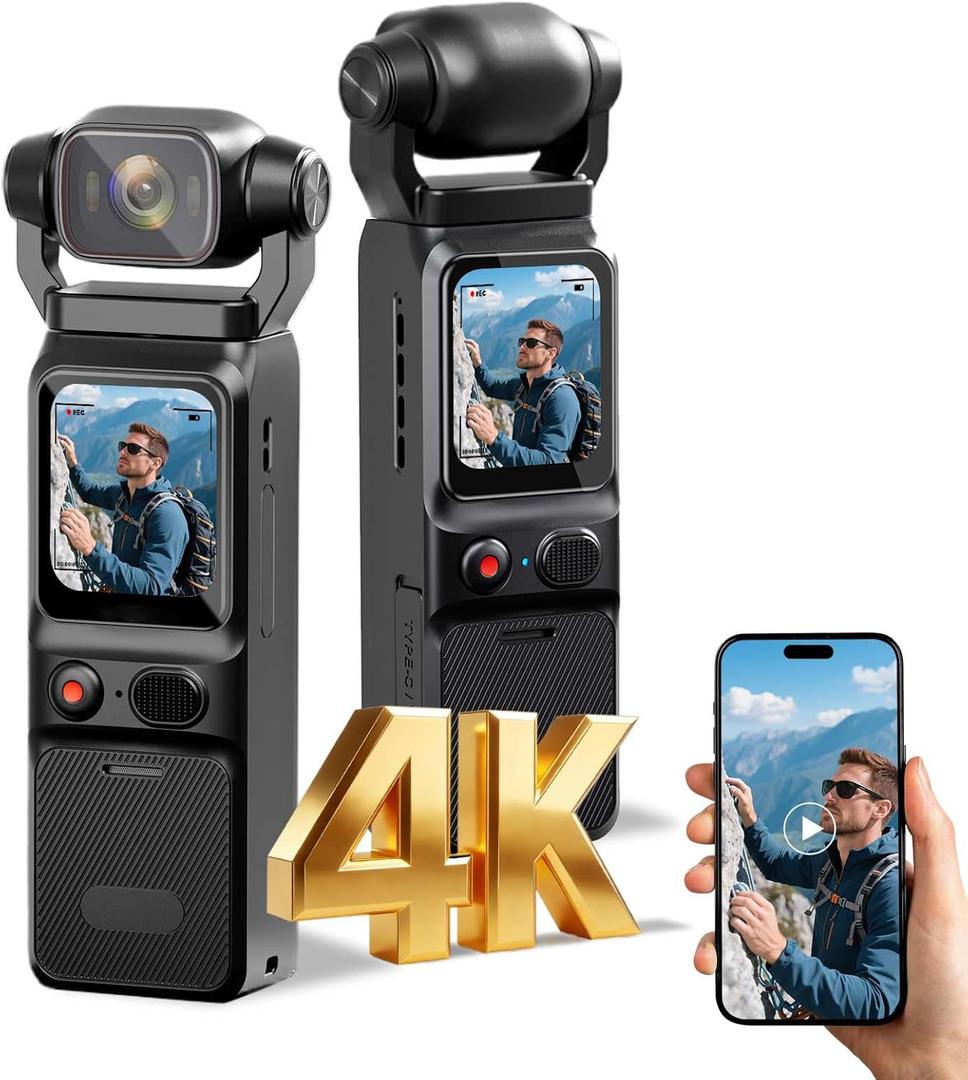 4K Vlogging Camera Mini Action Camera 180 Rotating Pocket Body Cam with Audio & Video Handheld Pov Cameras with Stabilization, Touch Screen, 64GB Card Small Vlog Camcorder for Valentines, Travel