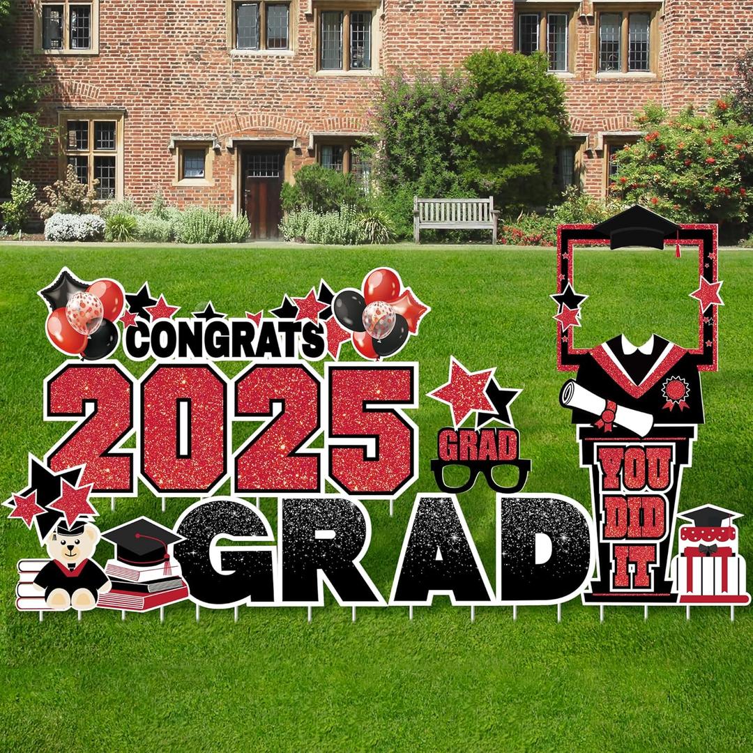 19 Pieces 2025 Extra Large Graduation Yard Sign with Photo Booth Frame Congrats Grad Lawn Signs with Stake Outdoor Garden Decor Senior College Graduation Party Supplies, Red