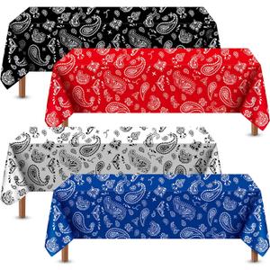 Reginary 4 Pack Western Party Tablecloth Paisley Bandana Table Cover Plastic Rectangle Tablecloth for Western Cowboy Themed Party Decorations, 54 x 108 Inch, White, Black, Red, Blue