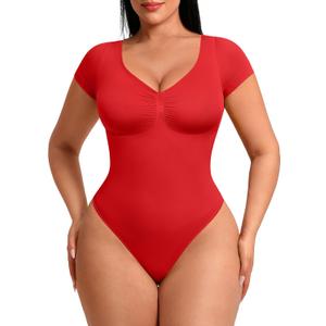 FeelinGirl Short Sleeve Bodysuit for Women V Neck Tummy Control Shapewear Seamless Thong Body Suits Tops (Red, XL)