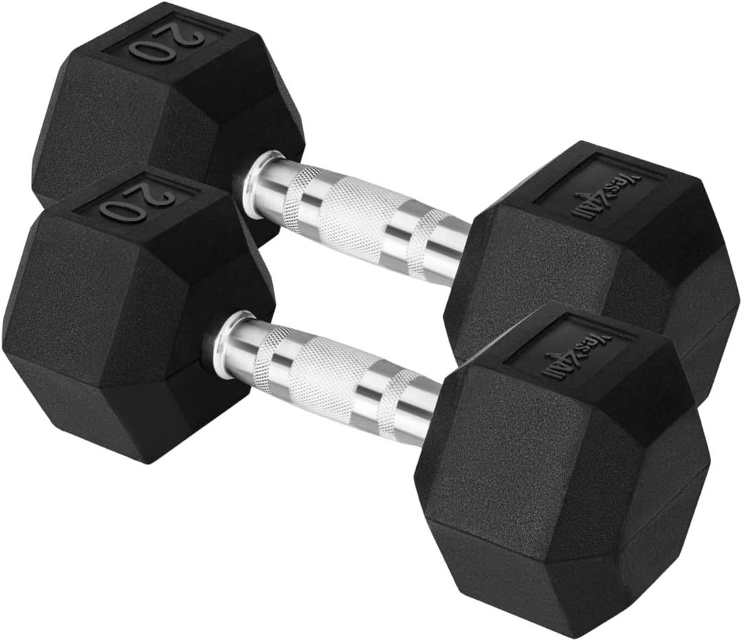 Yes4All Chrome/Rubber Grip Encased Hex Dumbbells  Hand Weights With Anti-Slip 10-30 LBS Pair