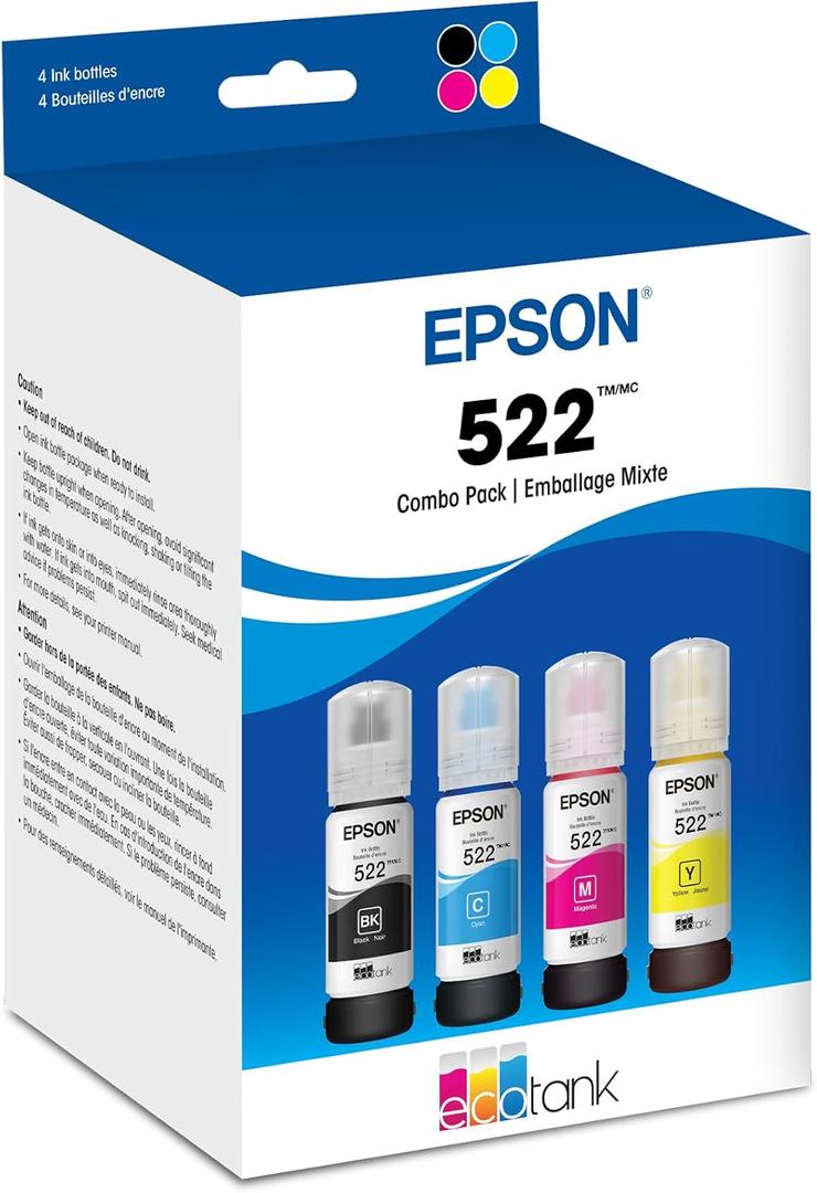 4 x Epson 522 EcoTank Ink Ultra-high Capacity Bottle Black & Color Combo Pack (T522120-BCS) Works with ET-2720, 2800, 2803, 2840, 4700, 4800, 4810
