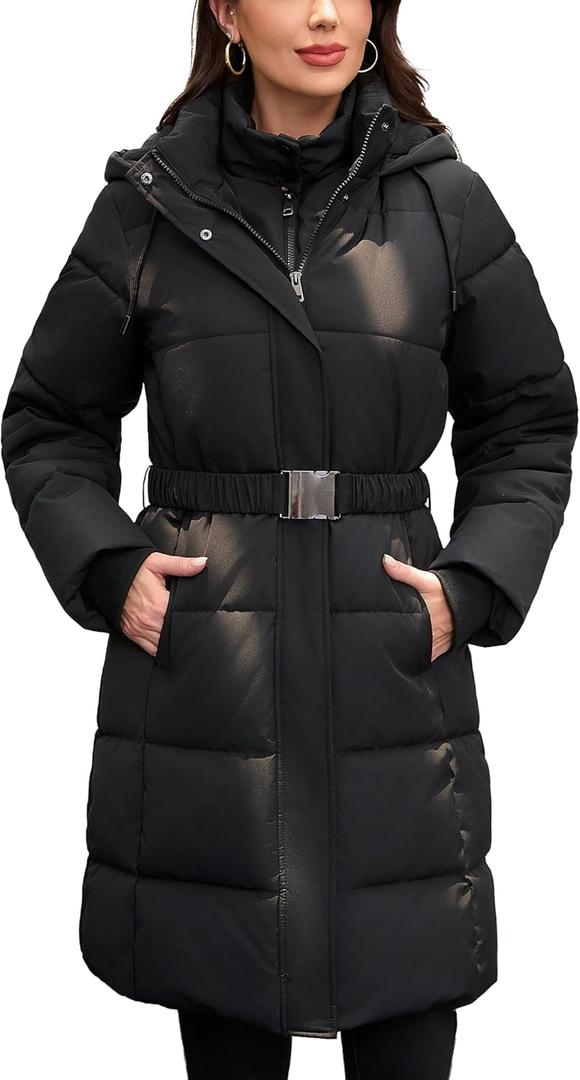 Women's Long Winter Puffer Coat Fleece Lining Waterproof Hooded Parka with Removable Belt (Medium, Black)