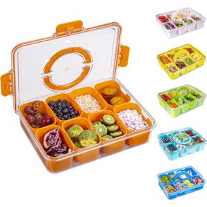 Divided Snack Serving Tray with Lid and Handle Travel Snackle Charcuterie Container Portable Storage Organizer for Candy, Fruits, Nuts, Snacks, Party, Picnic (1pack, Orange)