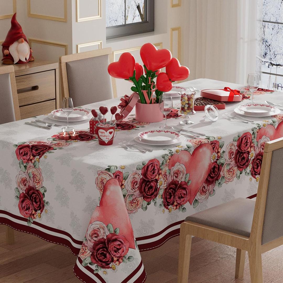 XCHI Rose Love Hearts Eucalyptus Leaves Valentines Day Tablecloth Square Table Cloth Washable Table Covers for Indoor Outdoor Dining Home Party Decorations 60x60 Inch